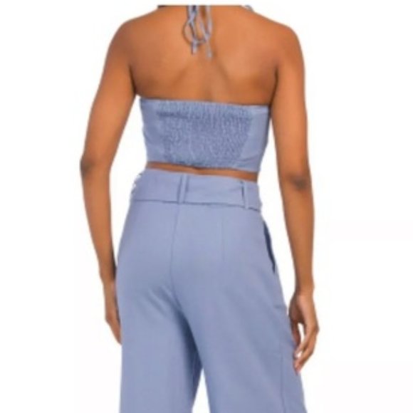 House of Harlow 1960 Linen Halter Crop Top Smocked Back Tank Bra Denim Cute NWT - Picture 2 of 11